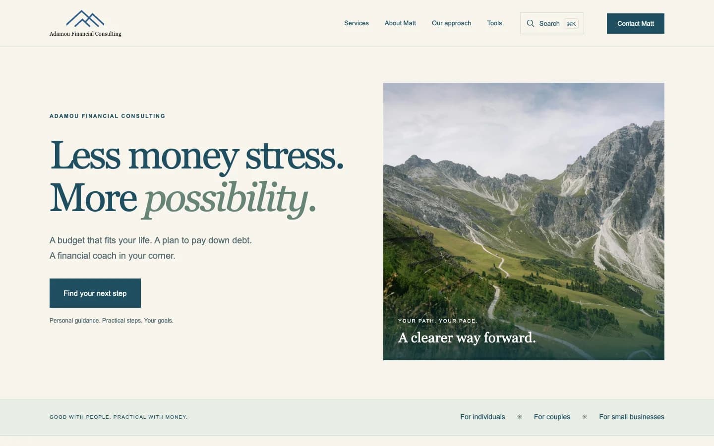 Adamou Financial Consulting homepage showing a mountain landscape and financial coaching services