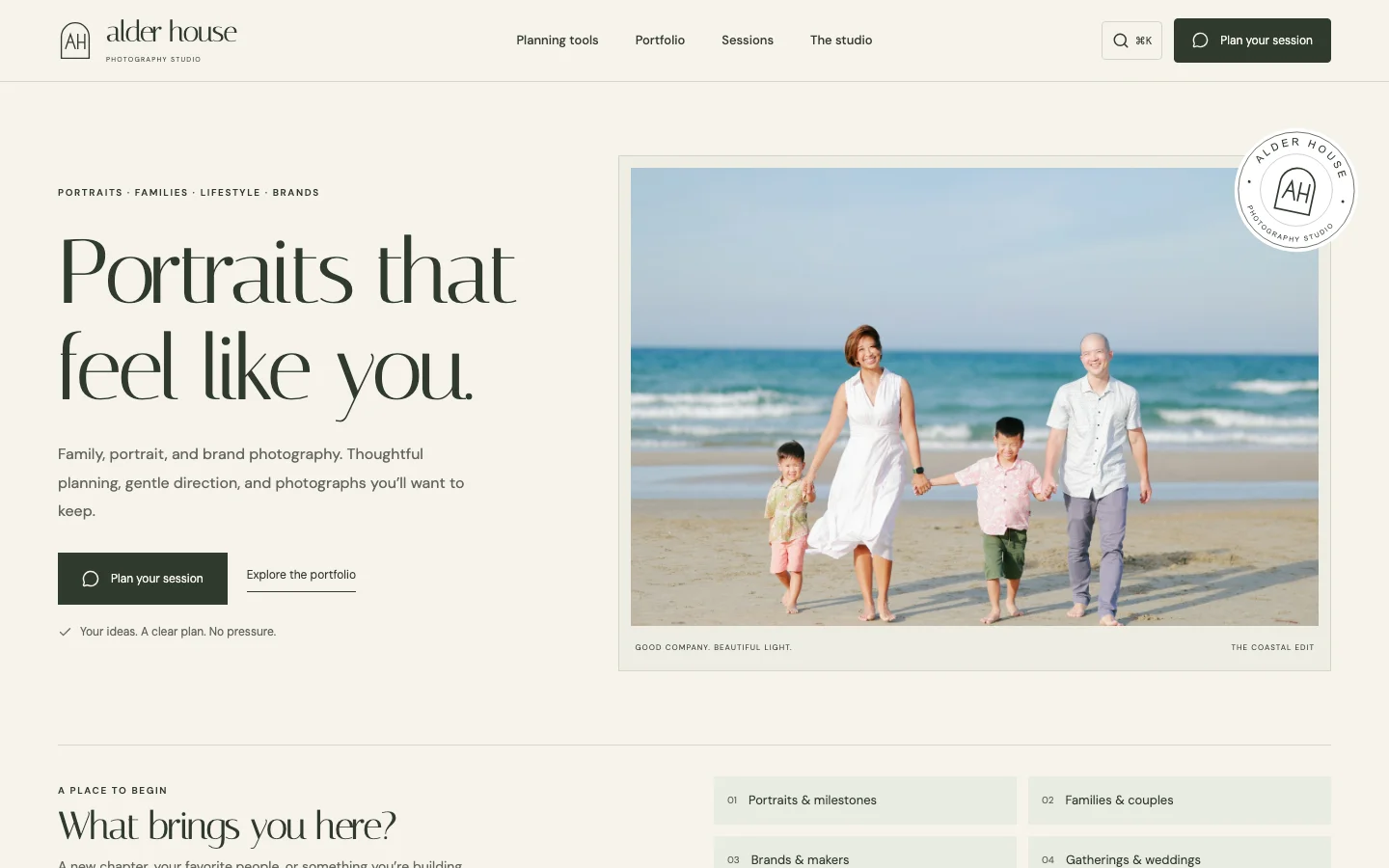 Alder House homepage showing a family walking along the beach and photography session planning