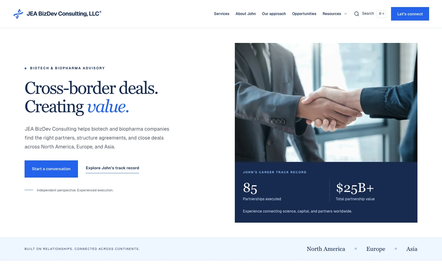 JEA BizDev Consulting homepage showing business partners and life sciences consulting