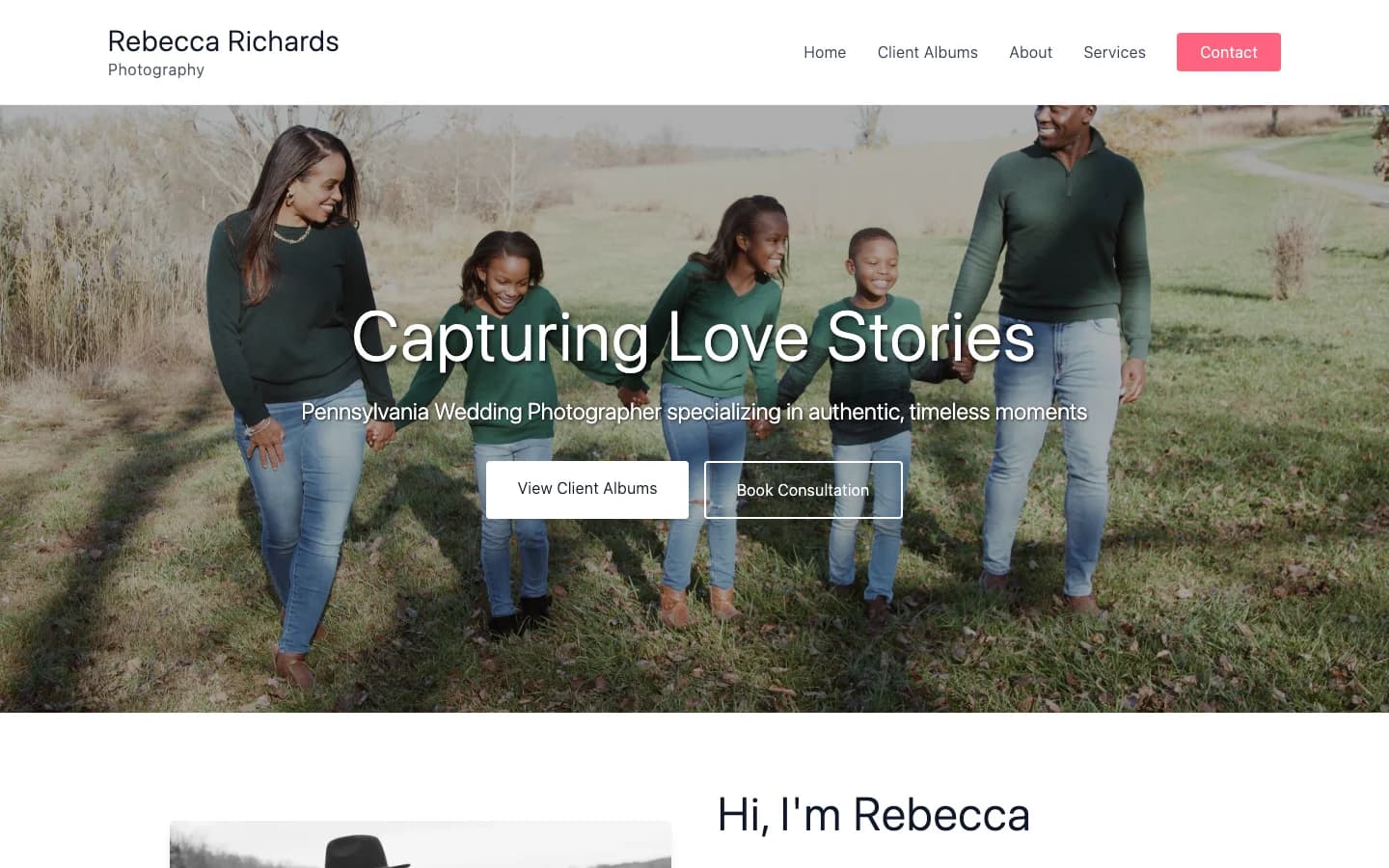 Rebecca Richards Photography homepage showing family photography and a wedding photography introduction